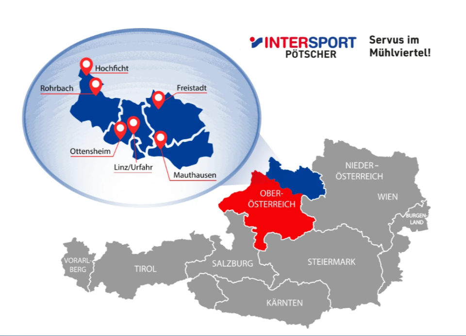 Eine Landkarte von Österreich mit einem Ausschnitt der Filialen im Mühlviertel